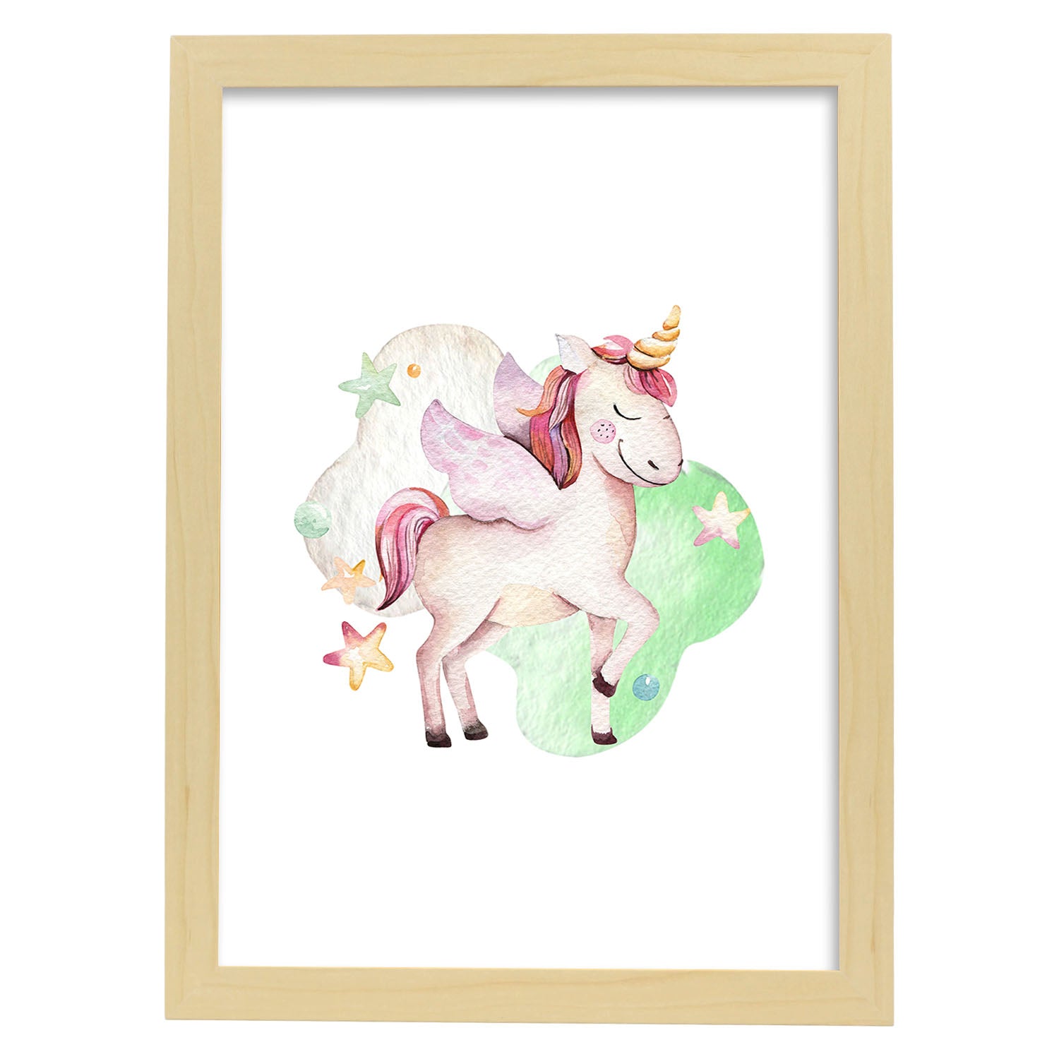 Poster con ilustración de Animal. Unicornio Feliz con Estrellas.-Artwork-Nacnic-A3-Marco Madera clara-Nacnic Estudio SL