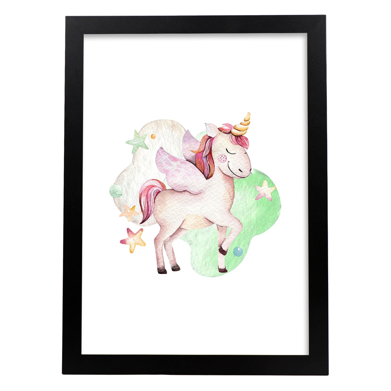 Poster con ilustración de Animal. Unicornio Feliz con Estrellas.-Artwork-Nacnic-A3-Marco Negro-Nacnic Estudio SL