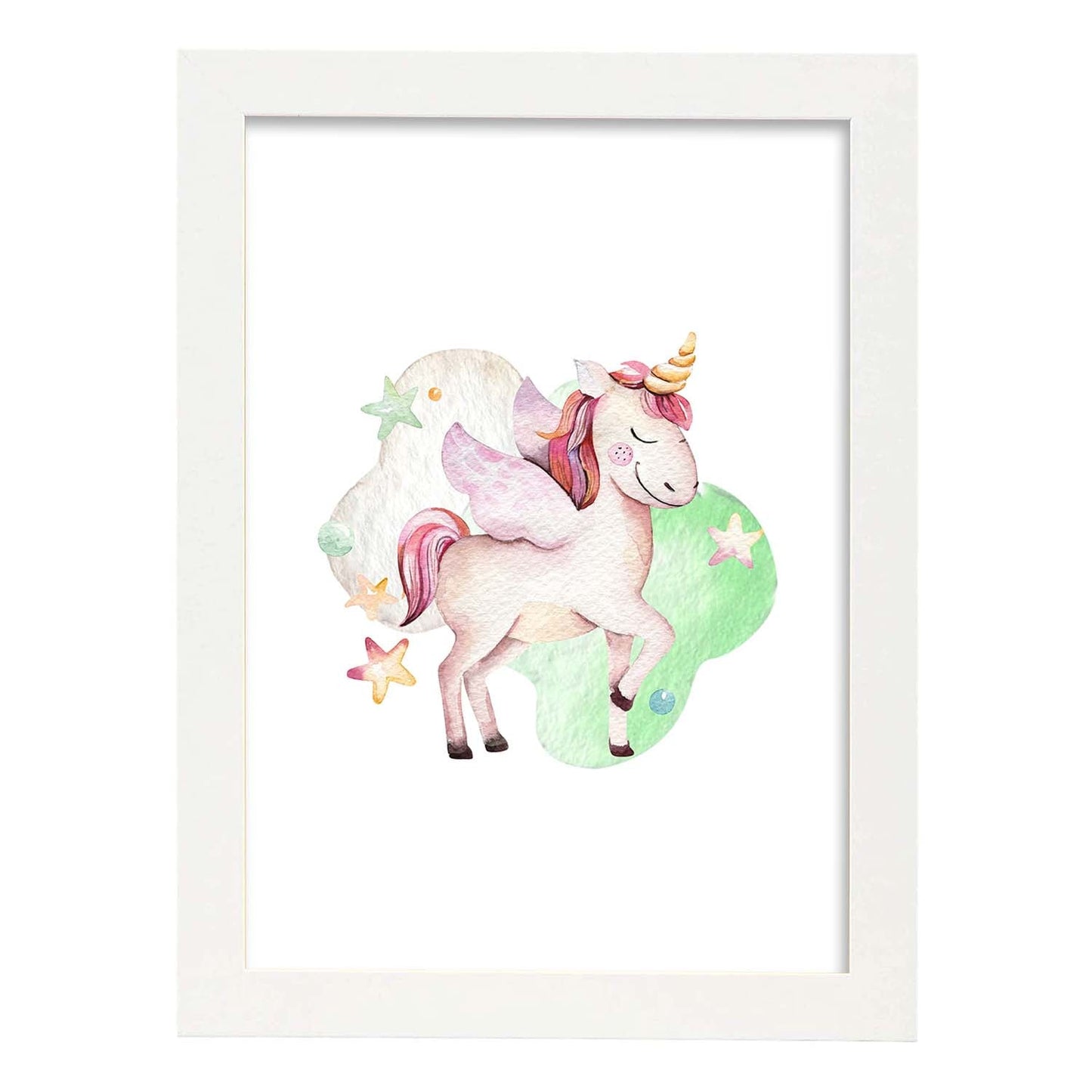 Poster con ilustración de Animal. Unicornio Feliz con Estrellas.-Artwork-Nacnic-A4-Marco Blanco-Nacnic Estudio SL