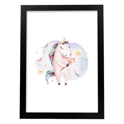 Poster con ilustración de Animal. Unicornio Feliz.-Artwork-Nacnic-A4-Marco Negro-Nacnic Estudio SL
