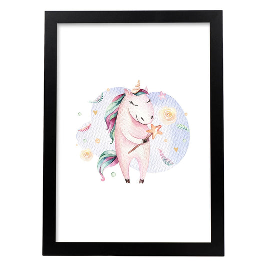 Poster con ilustración de Animal. Unicornio Feliz.-Artwork-Nacnic-A4-Marco Negro-Nacnic Estudio SL