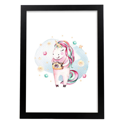 Poster con ilustración de Animal. Unicornio fotografo.-Artwork-Nacnic-A4-Marco Negro-Nacnic Estudio SL