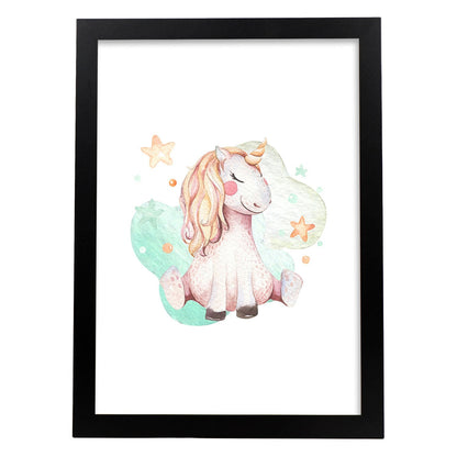 Poster con ilustración de Animal. Unicornio Sentado.-Artwork-Nacnic-A4-Marco Negro-Nacnic Estudio SL