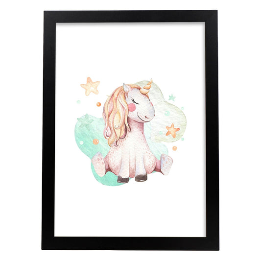Poster con ilustración de Animal. Unicornio Sentado.-Artwork-Nacnic-A4-Marco Negro-Nacnic Estudio SL