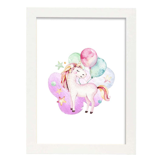 Poster con ilustración de Animal. Unicornio y Globos.-Artwork-Nacnic-A4-Marco Blanco-Nacnic Estudio SL