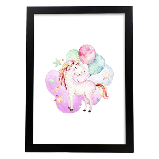 Poster con ilustración de Animal. Unicornio y Globos.-Artwork-Nacnic-A4-Marco Negro-Nacnic Estudio SL