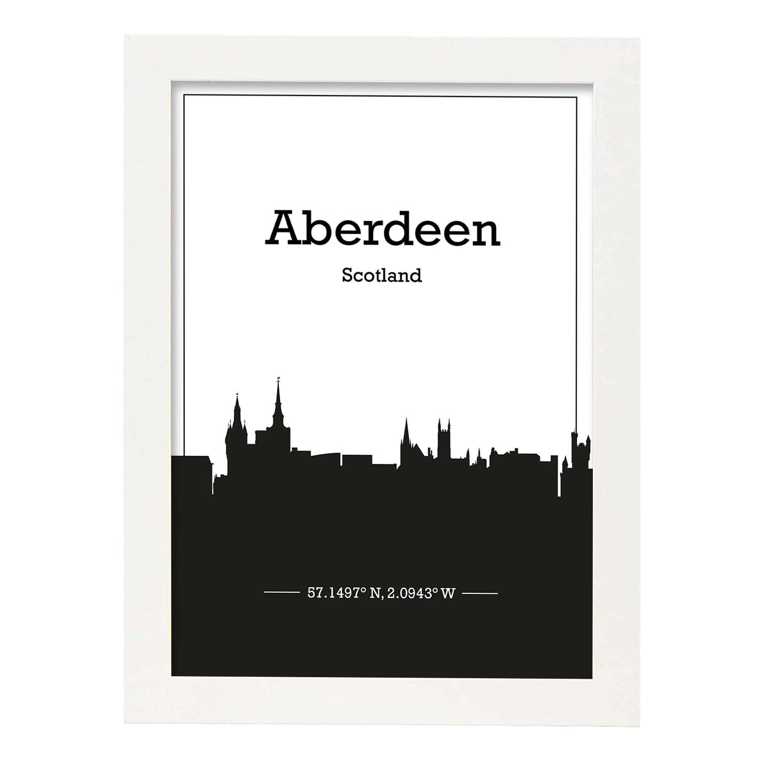 Poster con mapa de Aberdeen - Escocia. Láminas con Skyline de ciudades de Inglaterra e Irlanda con sombra negra.-Artwork-Nacnic-A3-Marco Blanco-Nacnic Estudio SL