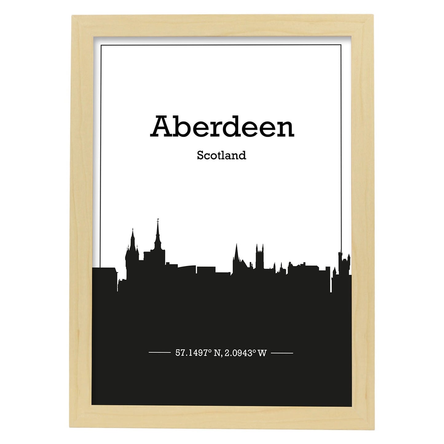 Poster con mapa de Aberdeen - Escocia. Láminas con Skyline de ciudades de Inglaterra e Irlanda con sombra negra.-Artwork-Nacnic-A3-Marco Madera clara-Nacnic Estudio SL