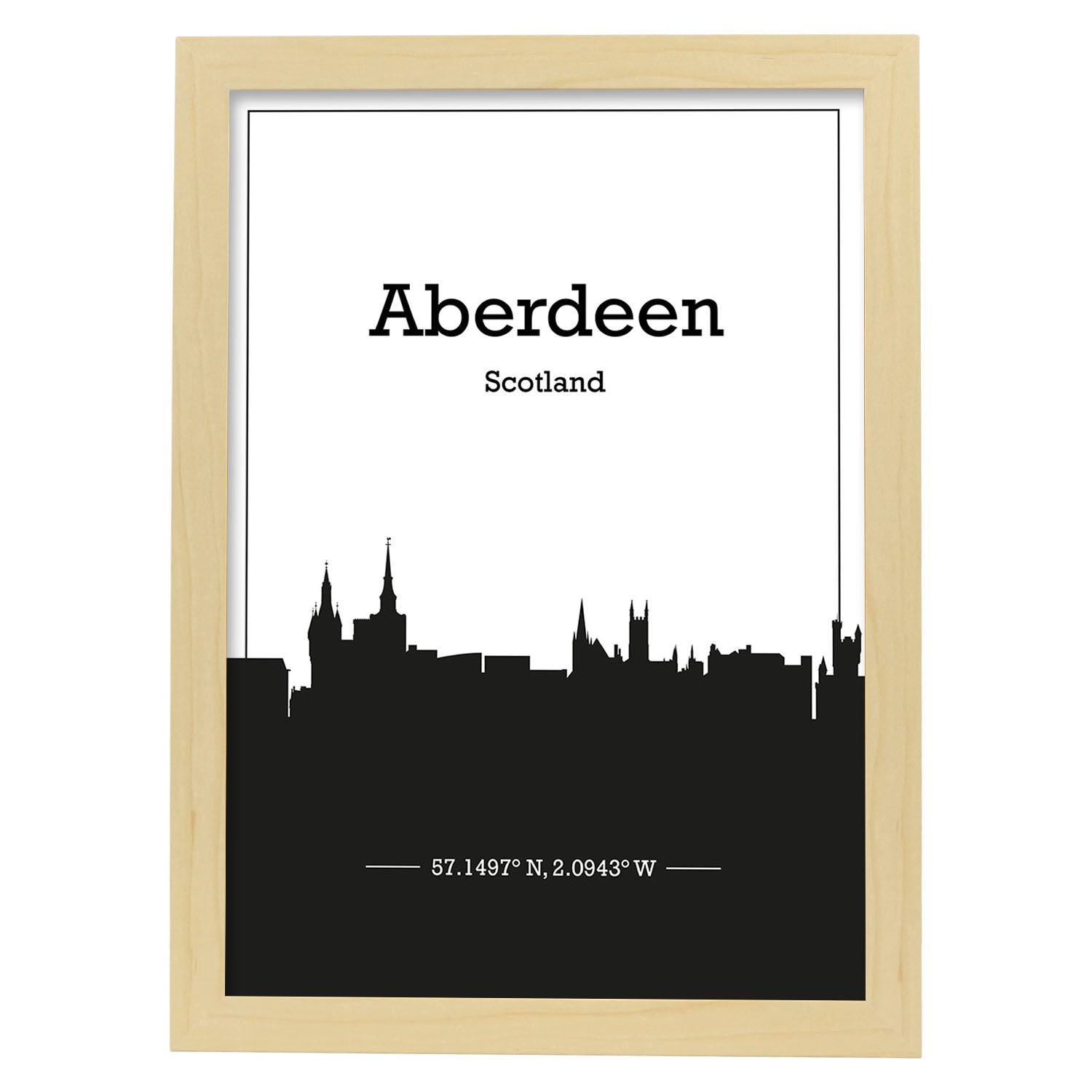 Poster con mapa de Aberdeen - Escocia. Láminas con Skyline de ciudades de Inglaterra e Irlanda con sombra negra.-Artwork-Nacnic-A3-Marco Madera clara-Nacnic Estudio SL