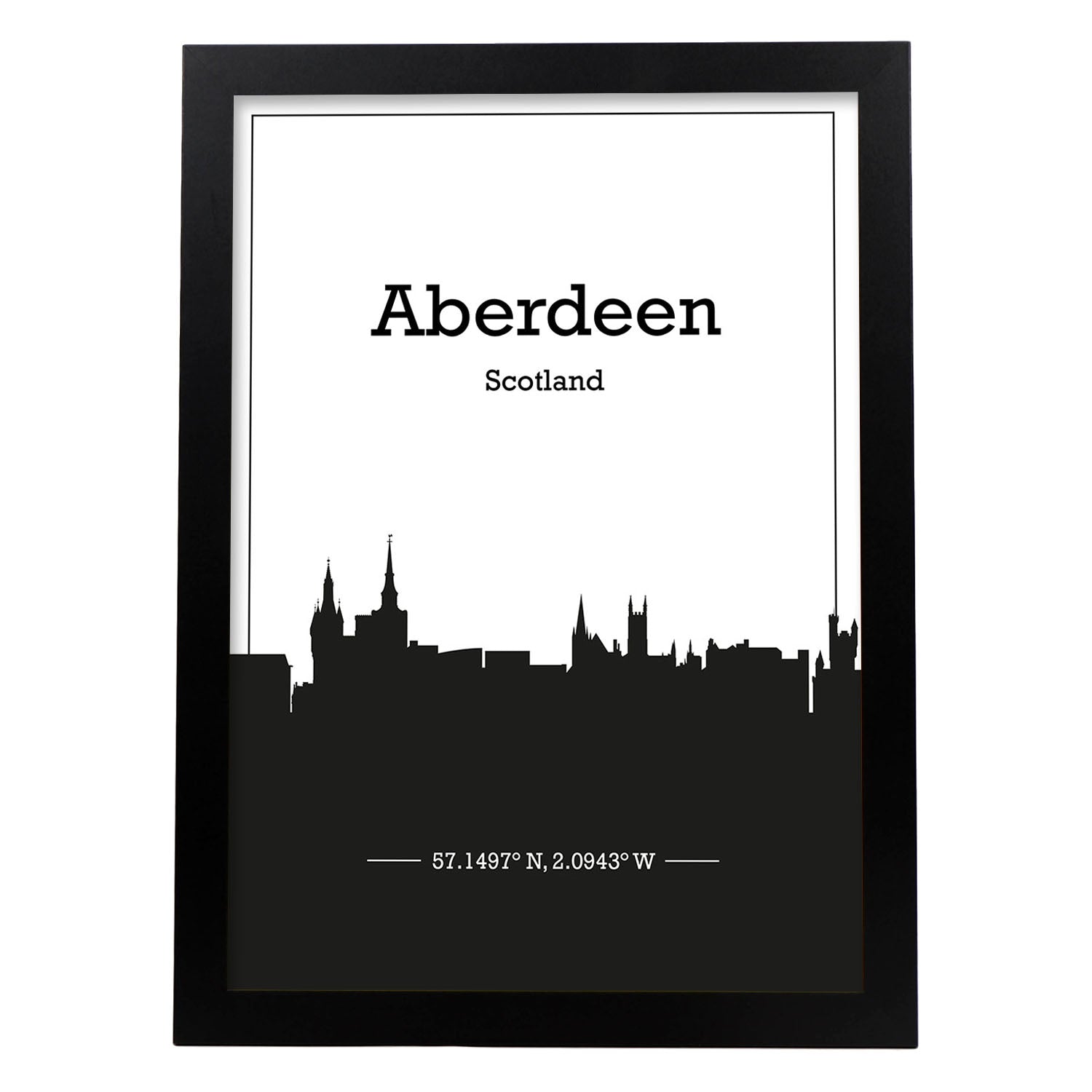 Poster con mapa de Aberdeen - Escocia. Láminas con Skyline de ciudades de Inglaterra e Irlanda con sombra negra.-Artwork-Nacnic-A3-Marco Negro-Nacnic Estudio SL