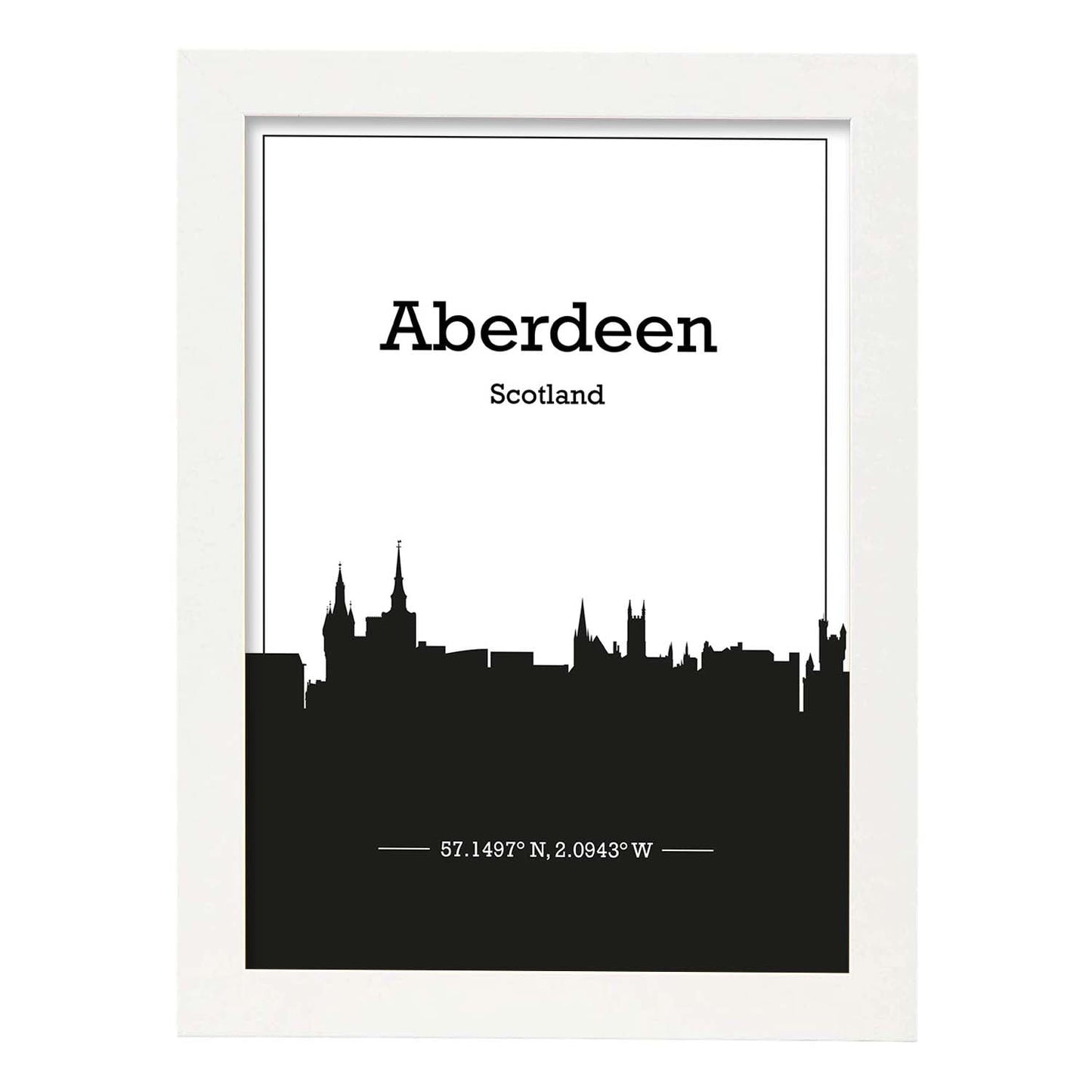 Poster con mapa de Aberdeen - Escocia. Láminas con Skyline de ciudades de Inglaterra e Irlanda con sombra negra.-Artwork-Nacnic-A4-Marco Blanco-Nacnic Estudio SL