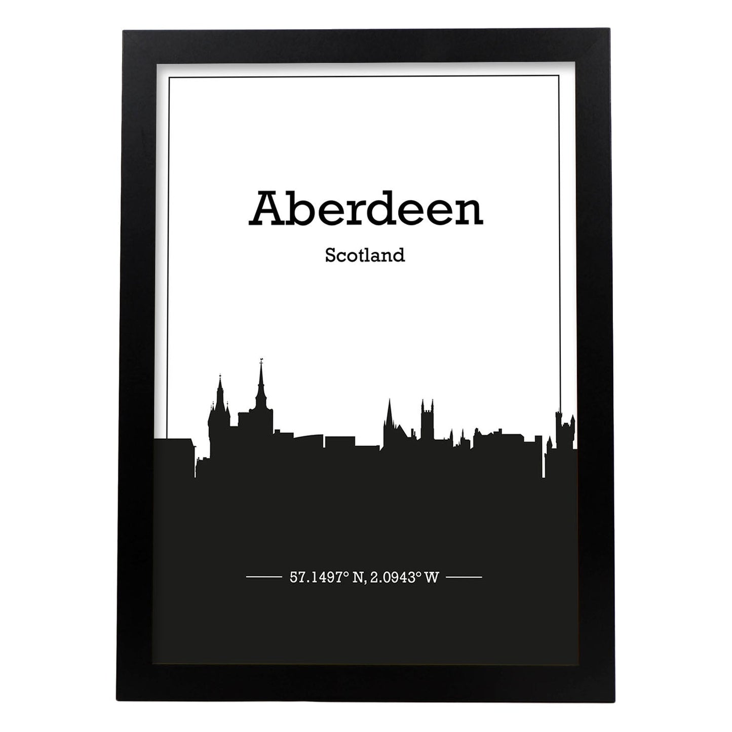 Poster con mapa de Aberdeen - Escocia. Láminas con Skyline de ciudades de Inglaterra e Irlanda con sombra negra.-Artwork-Nacnic-A4-Marco Negro-Nacnic Estudio SL