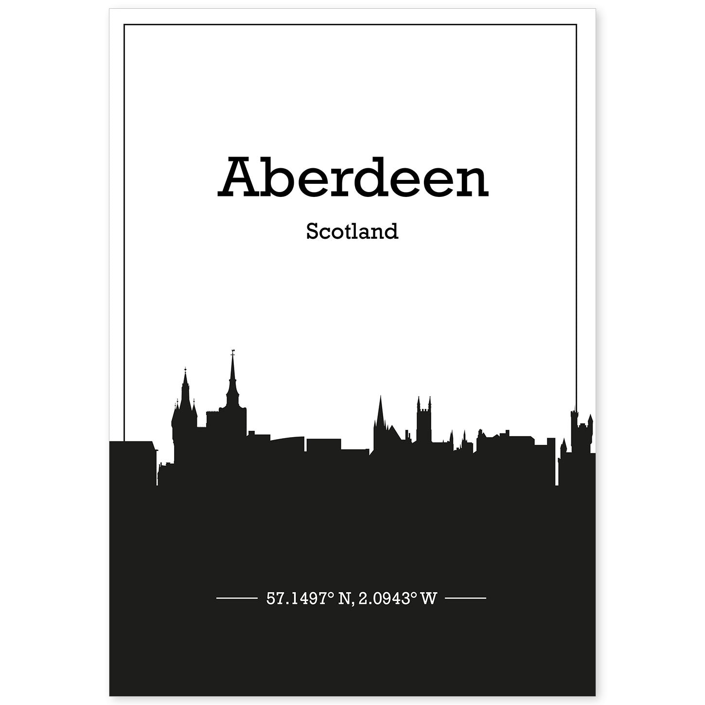 Poster con mapa de Aberdeen - Escocia. Láminas con Skyline de ciudades de Inglaterra e Irlanda con sombra negra.-Artwork-Nacnic-A4-Sin marco-Nacnic Estudio SL