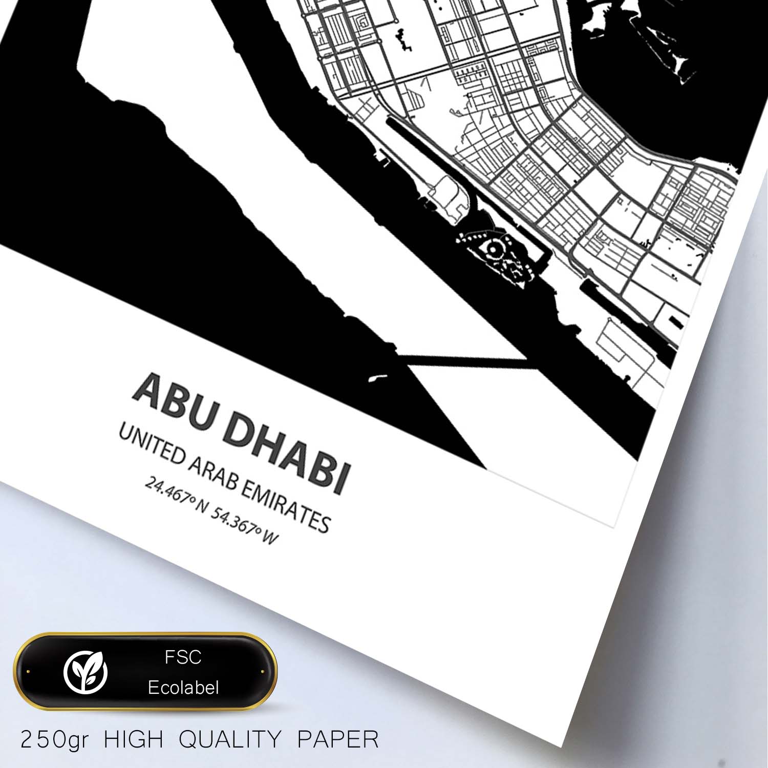 Poster con mapa de Abu Dhabi - Emiratos Arabes Unidos. Láminas de ciudades de Oriente Medio con mares y ríos en color negro.-Artwork-Nacnic-Nacnic Estudio SL