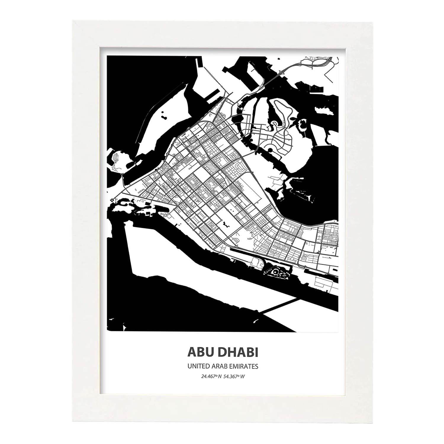 Poster con mapa de Abu Dhabi - Emiratos Arabes Unidos. Láminas de ciudades de Oriente Medio con mares y ríos en color negro.-Artwork-Nacnic-A3-Marco Blanco-Nacnic Estudio SL