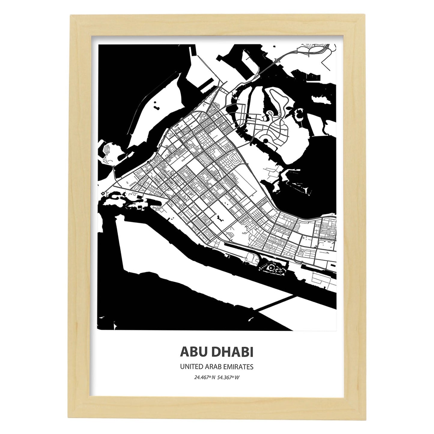 Poster con mapa de Abu Dhabi - Emiratos Arabes Unidos. Láminas de ciudades de Oriente Medio con mares y ríos en color negro.-Artwork-Nacnic-A3-Marco Madera clara-Nacnic Estudio SL