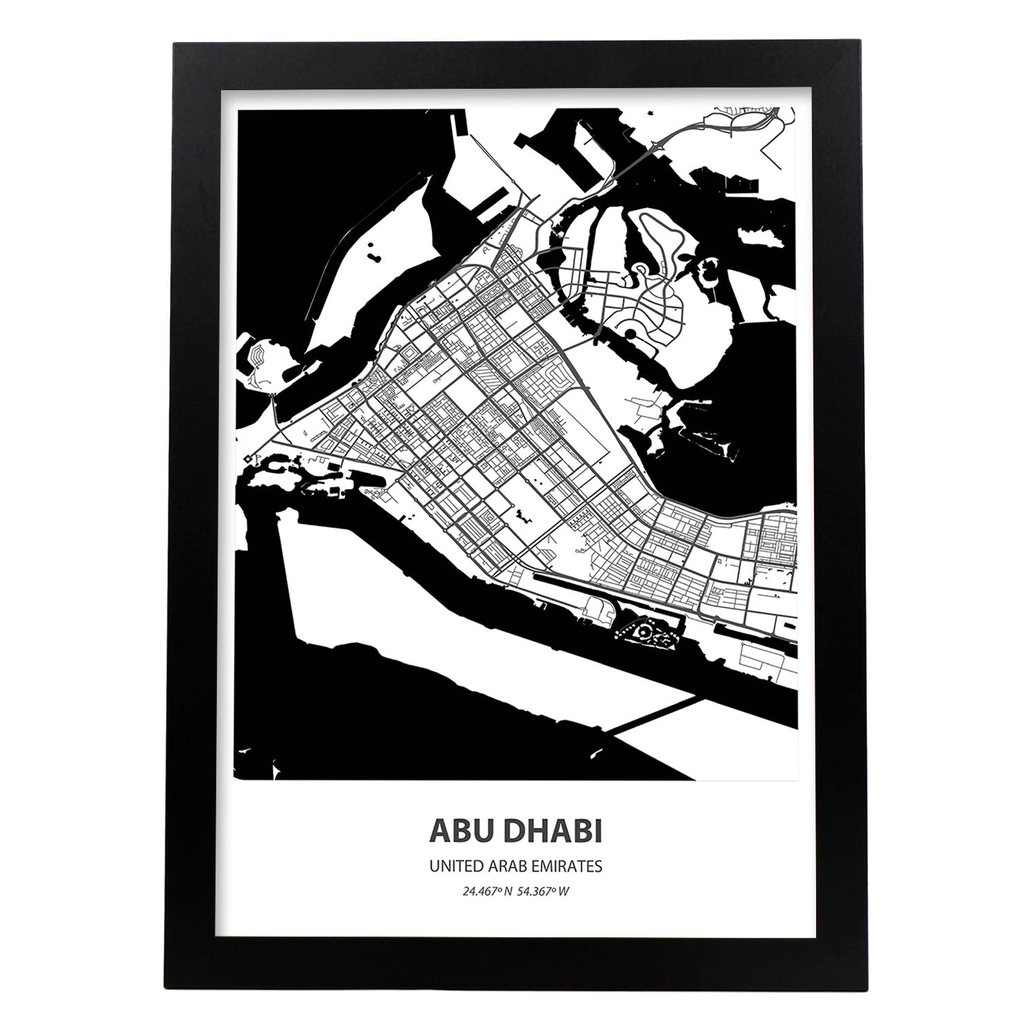 Poster con mapa de Abu Dhabi - Emiratos Arabes Unidos. Láminas de ciudades de Oriente Medio con mares y ríos en color negro.-Artwork-Nacnic-A3-Marco Negro-Nacnic Estudio SL