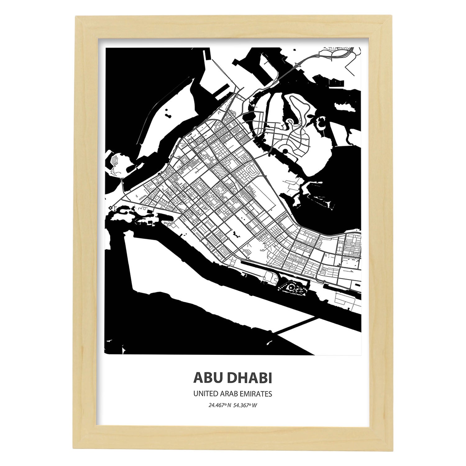 Poster con mapa de Abu Dhabi - Emiratos Arabes Unidos. Láminas de ciudades de Oriente Medio con mares y ríos en color negro.-Artwork-Nacnic-A4-Marco Madera clara-Nacnic Estudio SL