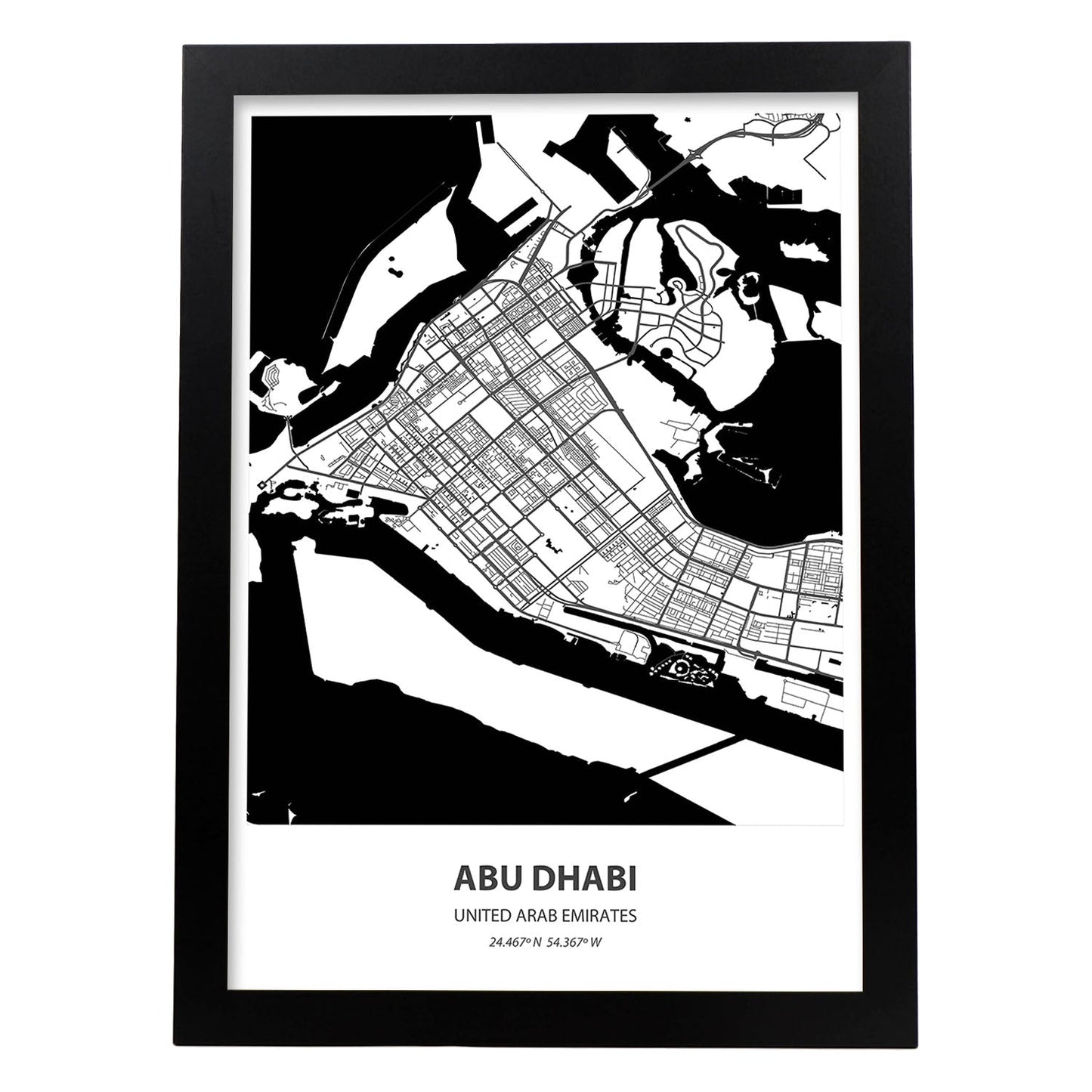 Poster con mapa de Abu Dhabi - Emiratos Arabes Unidos. Láminas de ciudades de Oriente Medio con mares y ríos en color negro.-Artwork-Nacnic-A4-Marco Negro-Nacnic Estudio SL