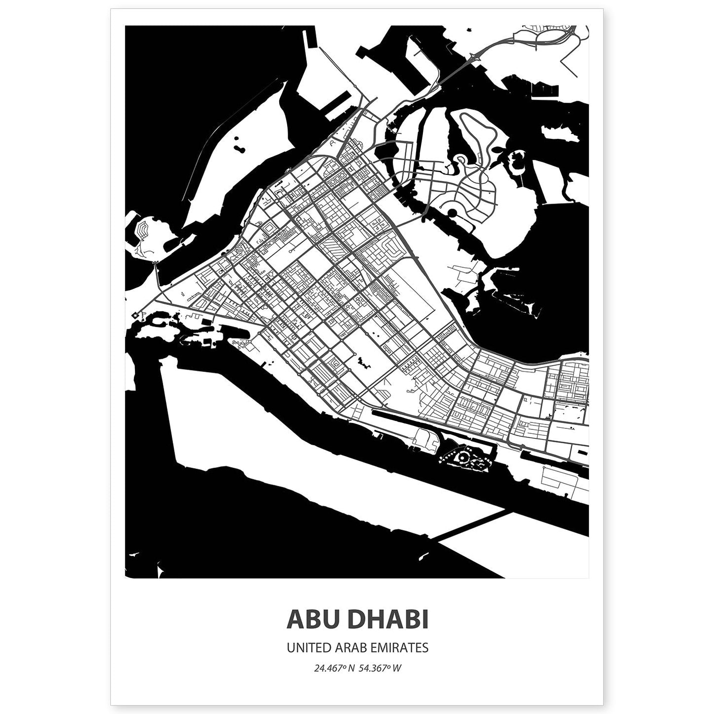 Poster con mapa de Abu Dhabi - Emiratos Arabes Unidos. Láminas de ciudades de Oriente Medio con mares y ríos en color negro.-Artwork-Nacnic-A4-Sin marco-Nacnic Estudio SL