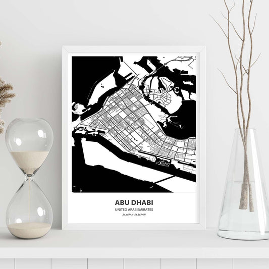 Poster con mapa de Abu Dhabi - Emiratos Arabes Unidos. Láminas de ciudades de Oriente Medio con mares y ríos en color negro.-Artwork-Nacnic-Nacnic Estudio SL
