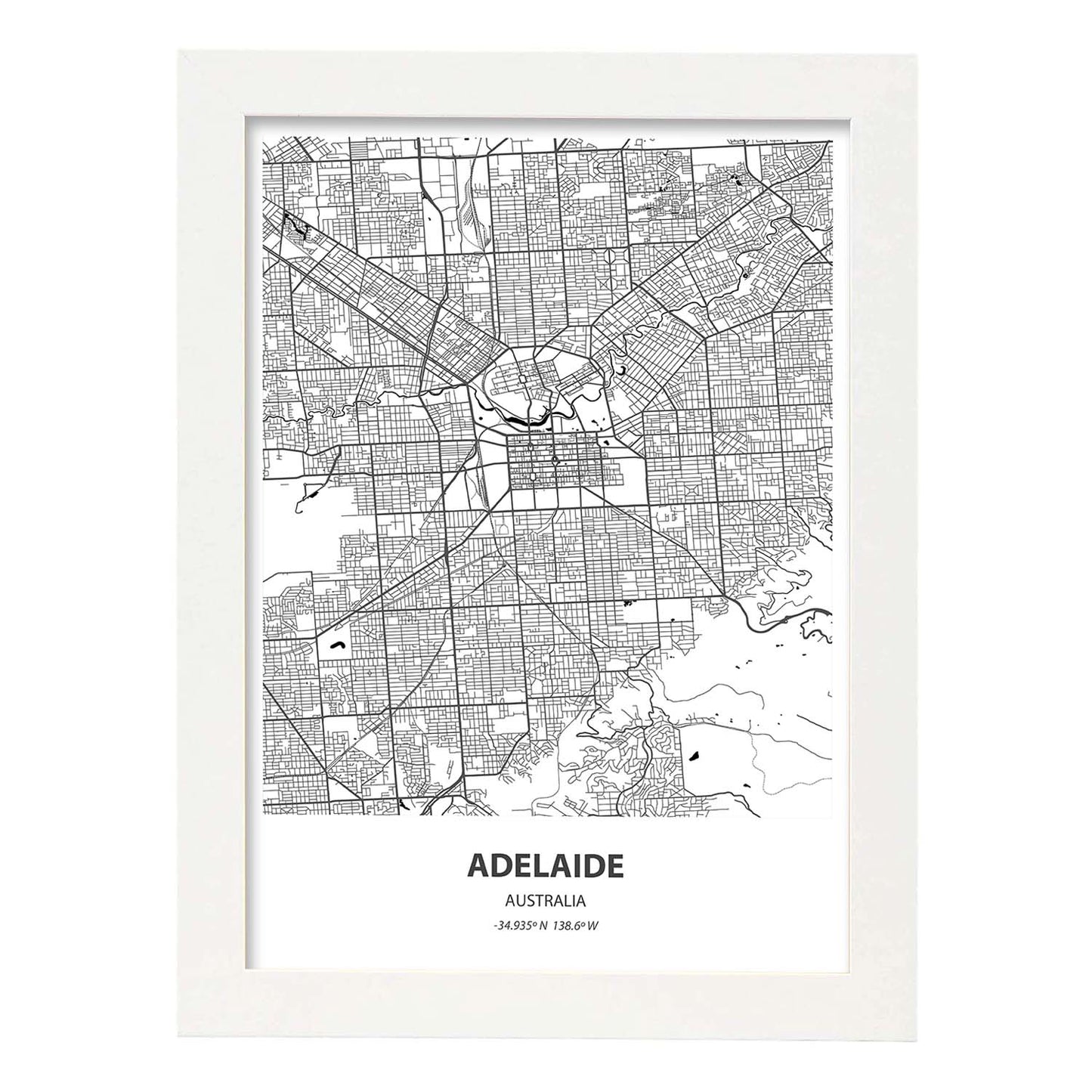 Poster con mapa de Adelaide - Australia. Láminas de ciudades de Australia con mares y ríos en color negro.-Artwork-Nacnic-A3-Marco Blanco-Nacnic Estudio SL