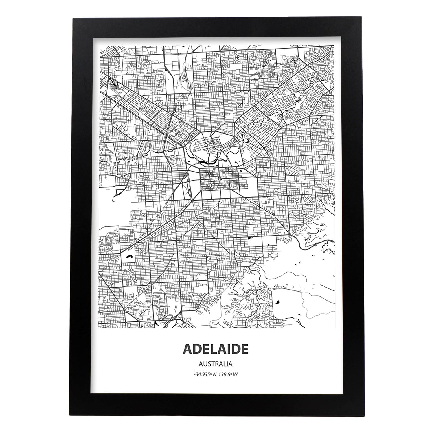 Poster con mapa de Adelaide - Australia. Láminas de ciudades de Australia con mares y ríos en color negro.-Artwork-Nacnic-A3-Marco Negro-Nacnic Estudio SL