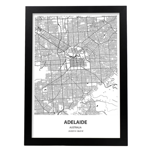 Poster con mapa de Adelaide - Australia. Láminas de ciudades de Australia con mares y ríos en color negro.-Artwork-Nacnic-A4-Marco Negro-Nacnic Estudio SL