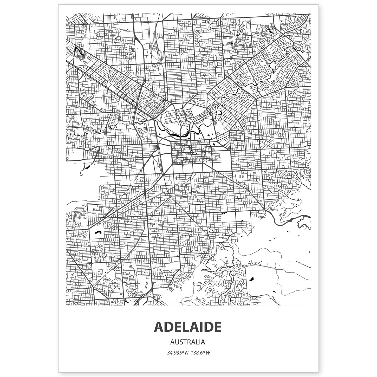 Poster con mapa de Adelaide - Australia. Láminas de ciudades de Australia con mares y ríos en color negro.-Artwork-Nacnic-A4-Sin marco-Nacnic Estudio SL