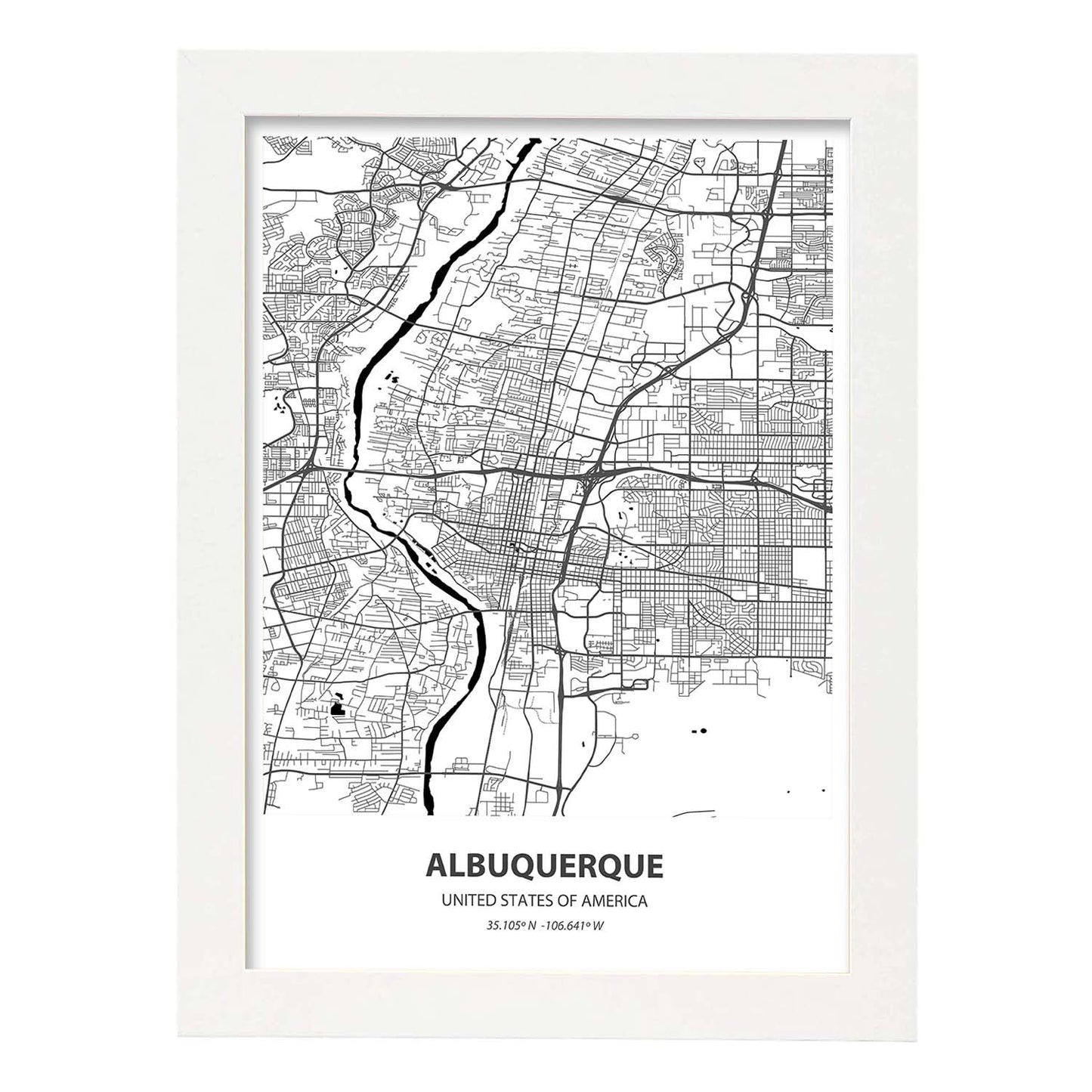 Poster con mapa de Albuquerque - USA. Láminas de ciudades de Estados Unidos con mares y ríos en color negro.-Artwork-Nacnic-A3-Marco Blanco-Nacnic Estudio SL