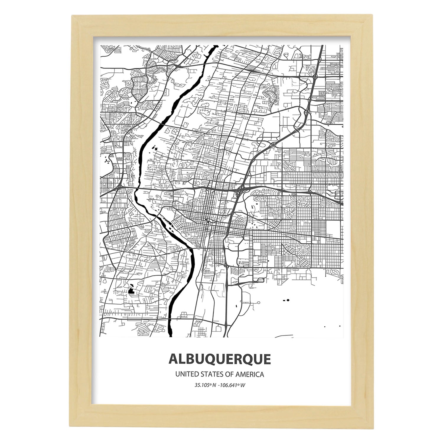 Poster con mapa de Albuquerque - USA. Láminas de ciudades de Estados Unidos con mares y ríos en color negro.-Artwork-Nacnic-A3-Marco Madera clara-Nacnic Estudio SL