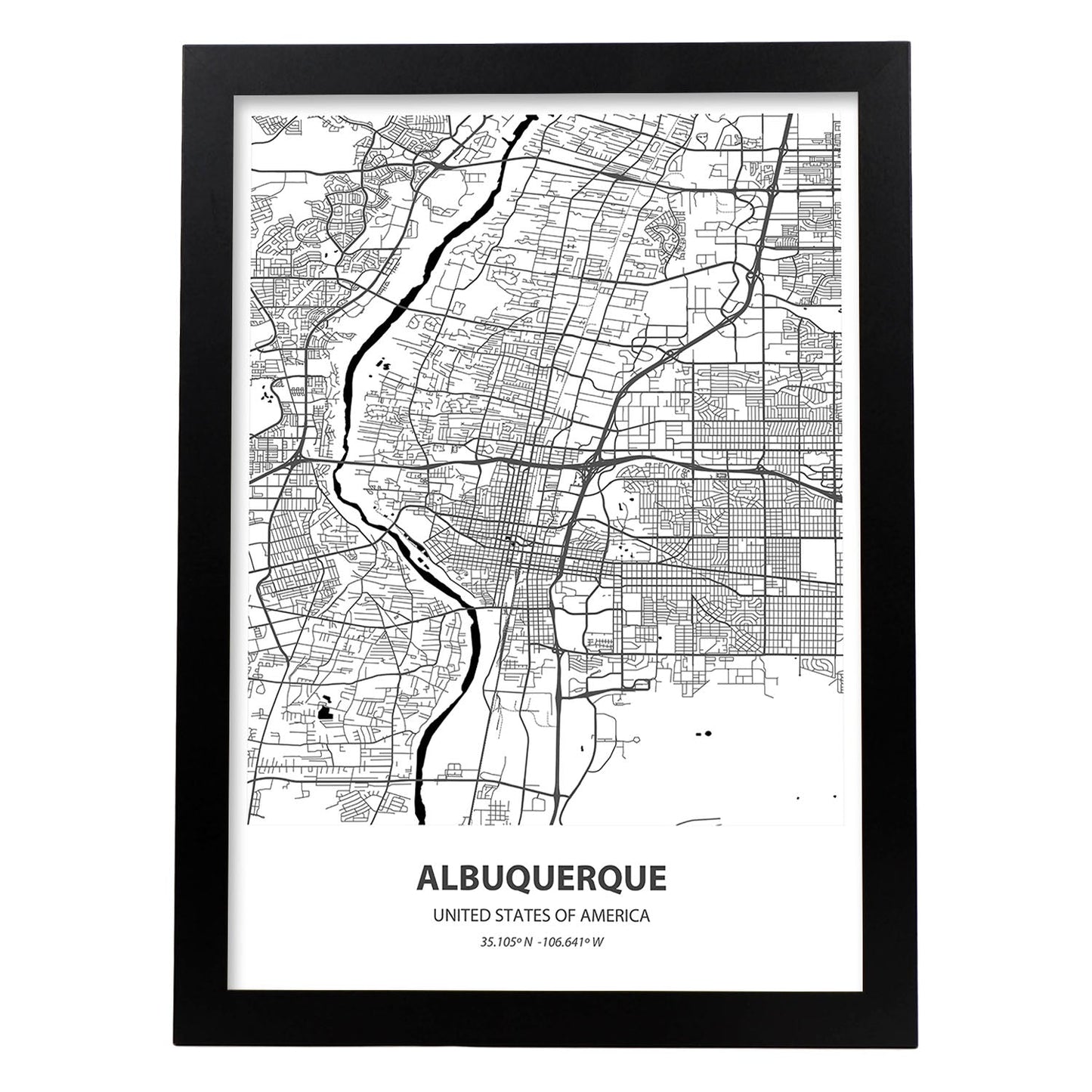 Poster con mapa de Albuquerque - USA. Láminas de ciudades de Estados Unidos con mares y ríos en color negro.-Artwork-Nacnic-A3-Marco Negro-Nacnic Estudio SL