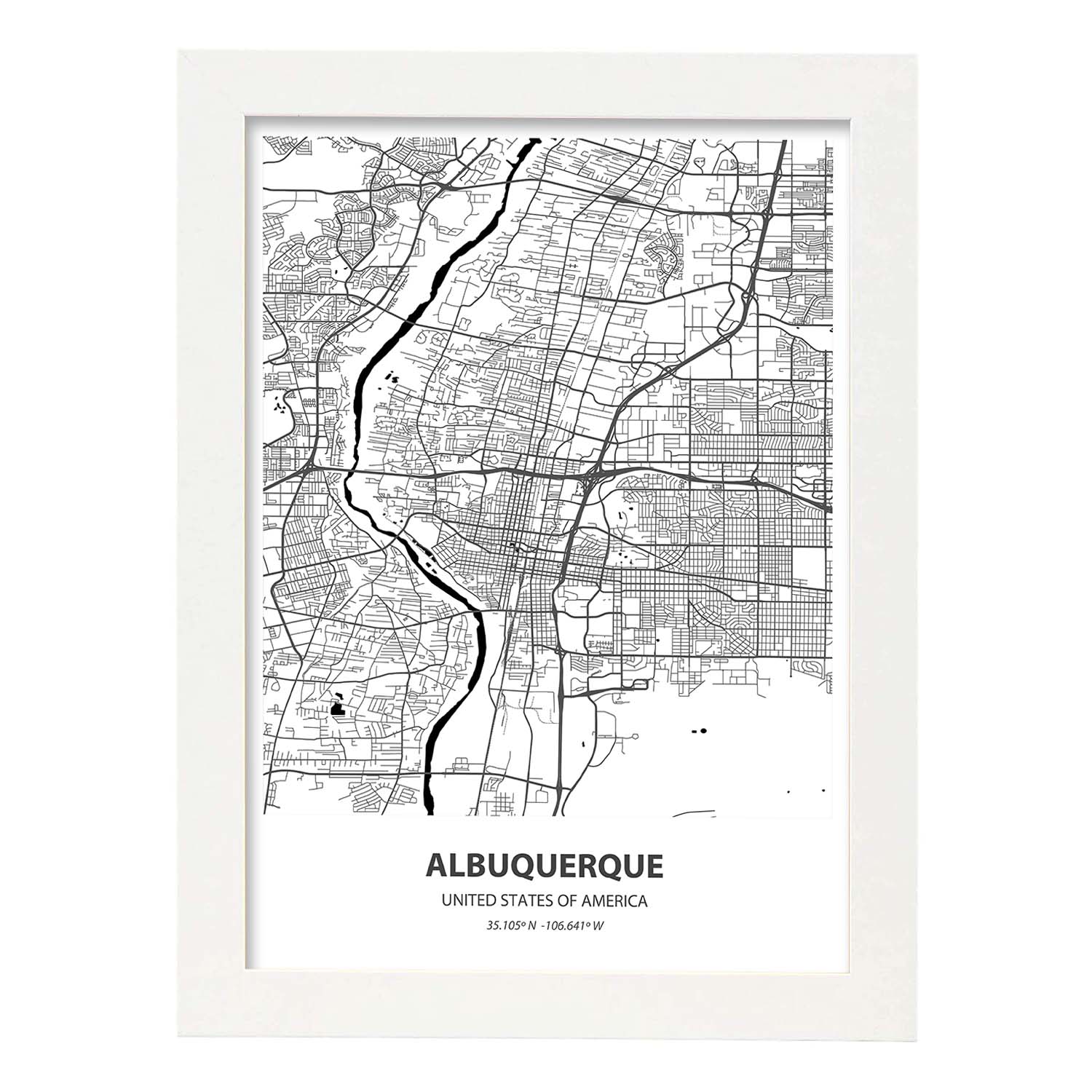Poster con mapa de Albuquerque - USA. Láminas de ciudades de Estados Unidos con mares y ríos en color negro.-Artwork-Nacnic-A4-Marco Blanco-Nacnic Estudio SL