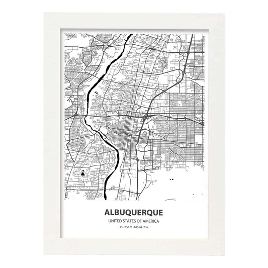 Poster con mapa de Albuquerque - USA. Láminas de ciudades de Estados Unidos con mares y ríos en color negro.-Artwork-Nacnic-A4-Marco Blanco-Nacnic Estudio SL
