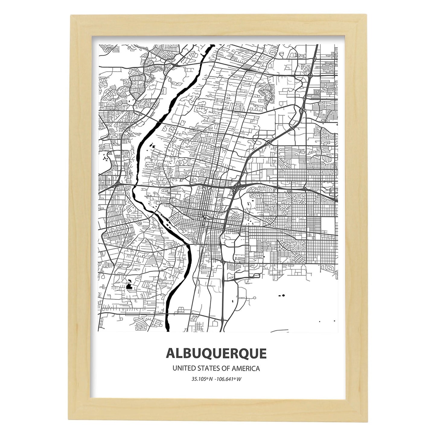 Poster con mapa de Albuquerque - USA. Láminas de ciudades de Estados Unidos con mares y ríos en color negro.-Artwork-Nacnic-A4-Marco Madera clara-Nacnic Estudio SL