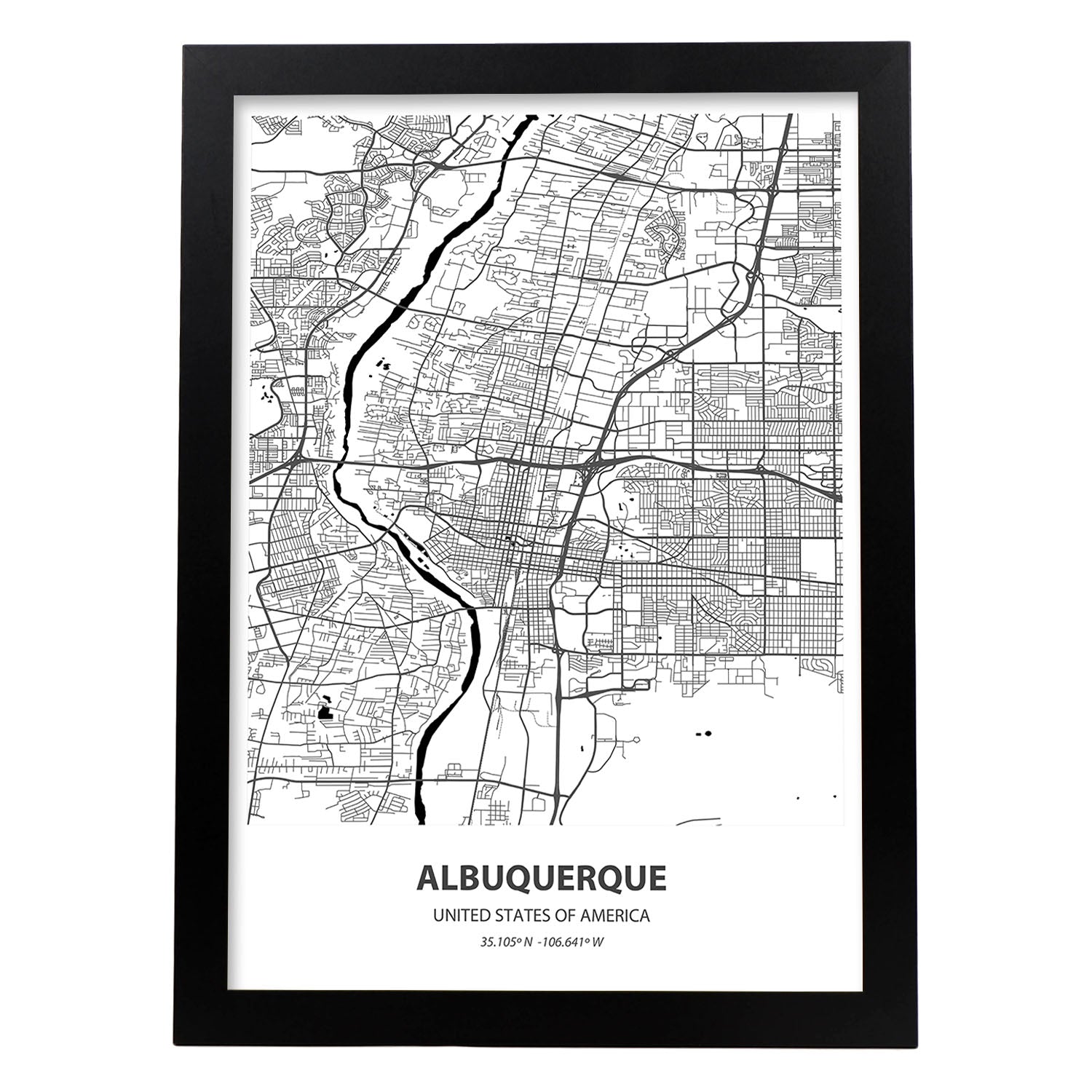 Poster con mapa de Albuquerque - USA. Láminas de ciudades de Estados Unidos con mares y ríos en color negro.-Artwork-Nacnic-A4-Marco Negro-Nacnic Estudio SL