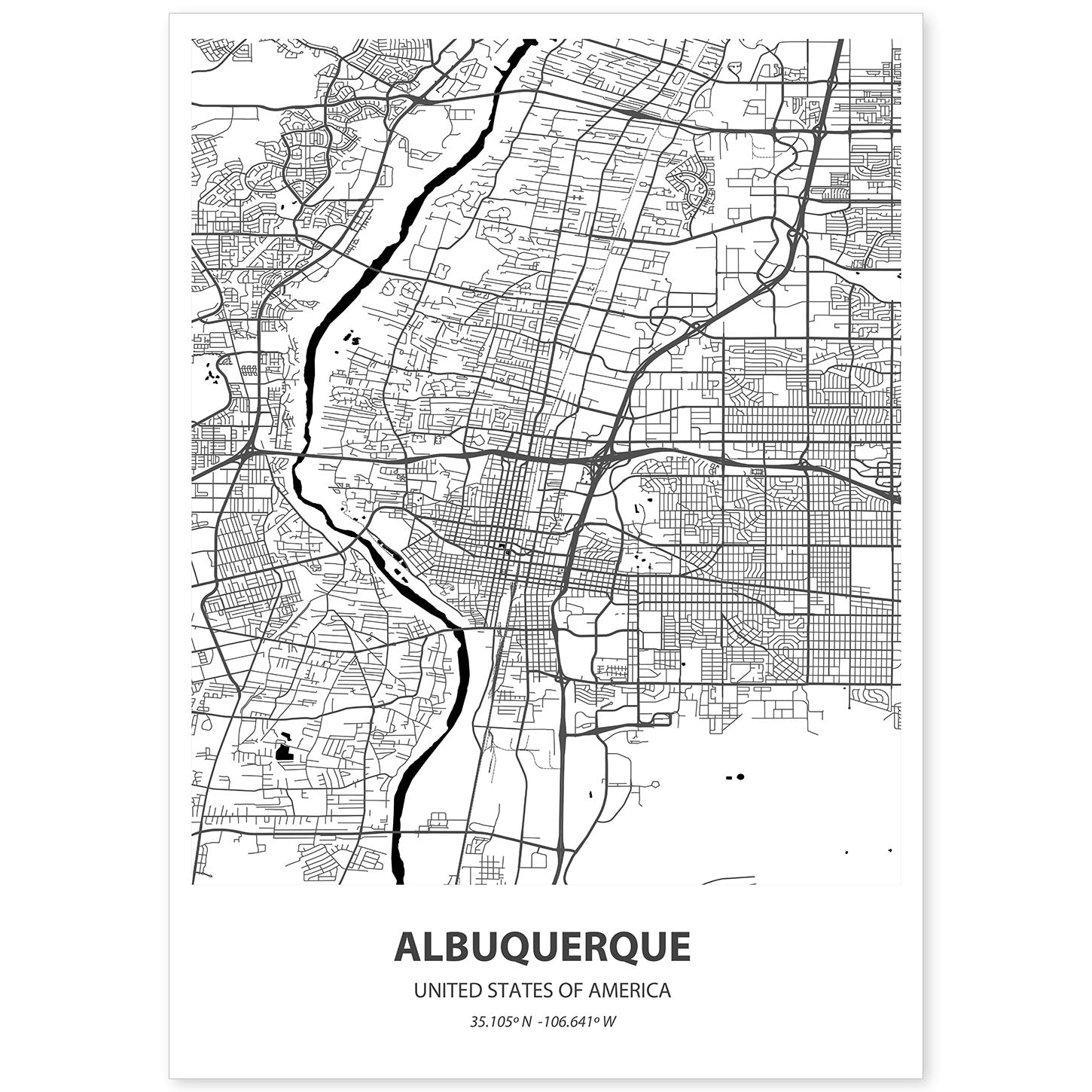 Poster con mapa de Albuquerque - USA. Láminas de ciudades de Estados Unidos con mares y ríos en color negro.-Artwork-Nacnic-A4-Sin marco-Nacnic Estudio SL