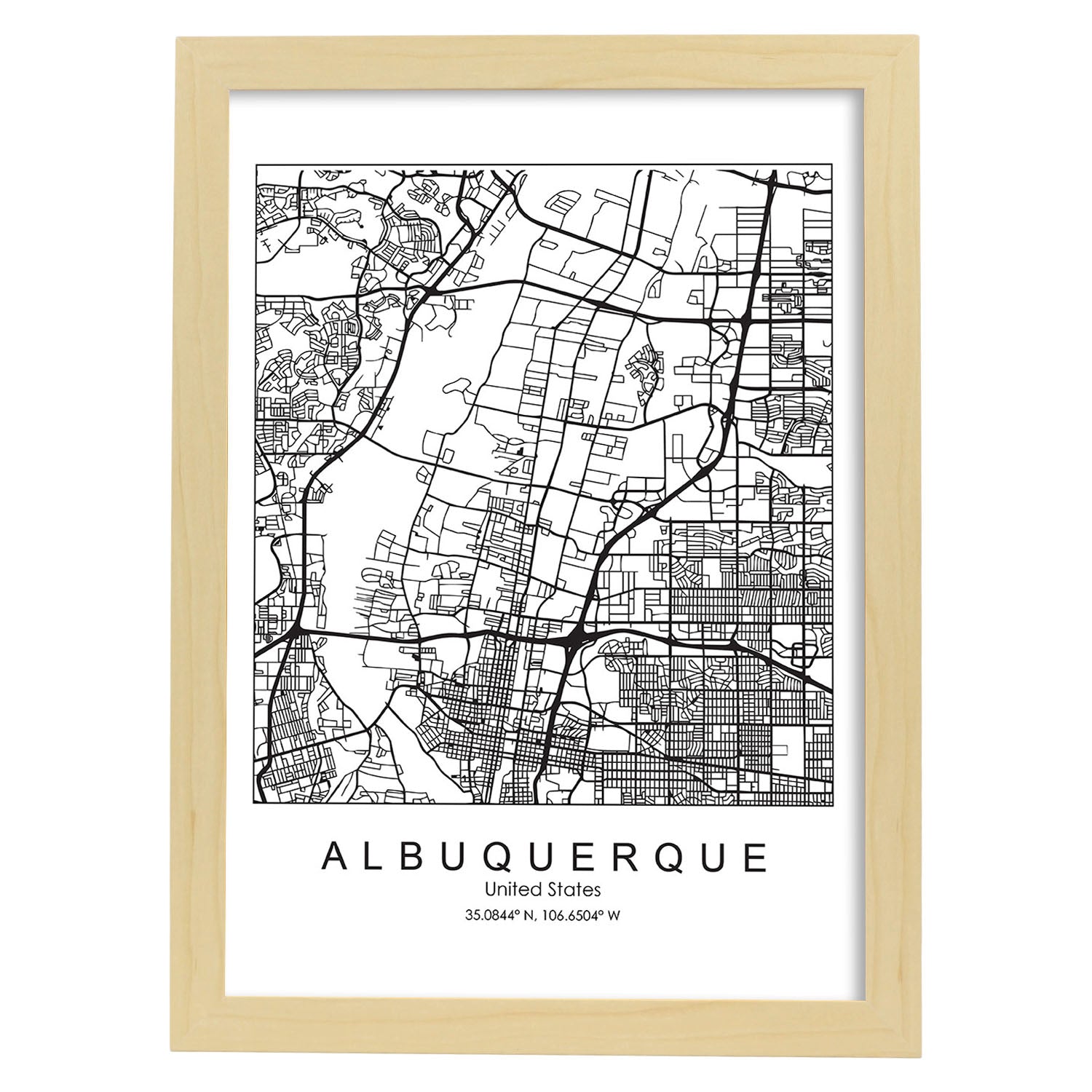 Poster con mapa de Albuquerque. Lámina de Estados Unidos, con imágenes de mapas y carreteras-Artwork-Nacnic-A3-Marco Madera clara-Nacnic Estudio SL