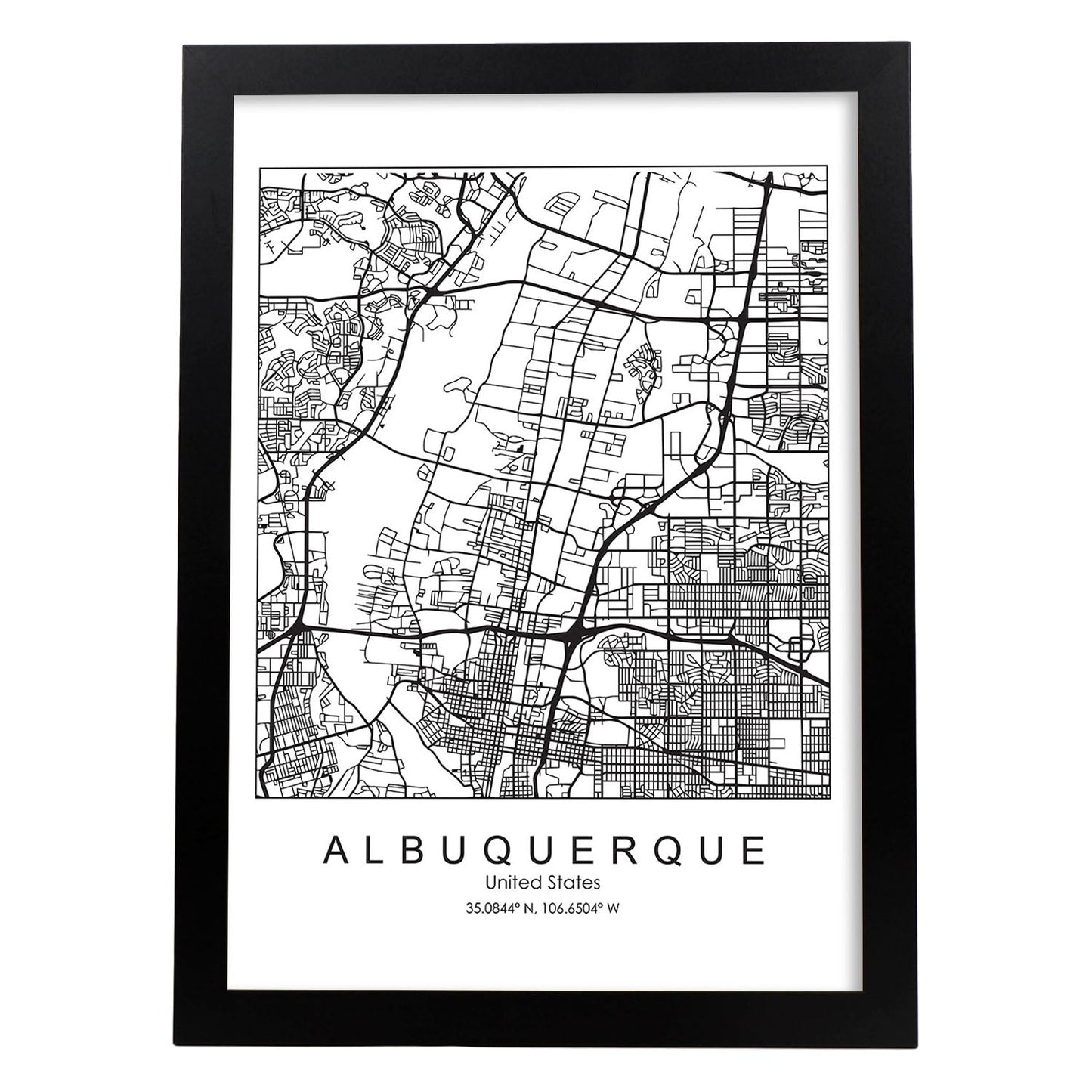 Poster con mapa de Albuquerque. Lámina de Estados Unidos, con imágenes de mapas y carreteras-Artwork-Nacnic-A3-Marco Negro-Nacnic Estudio SL