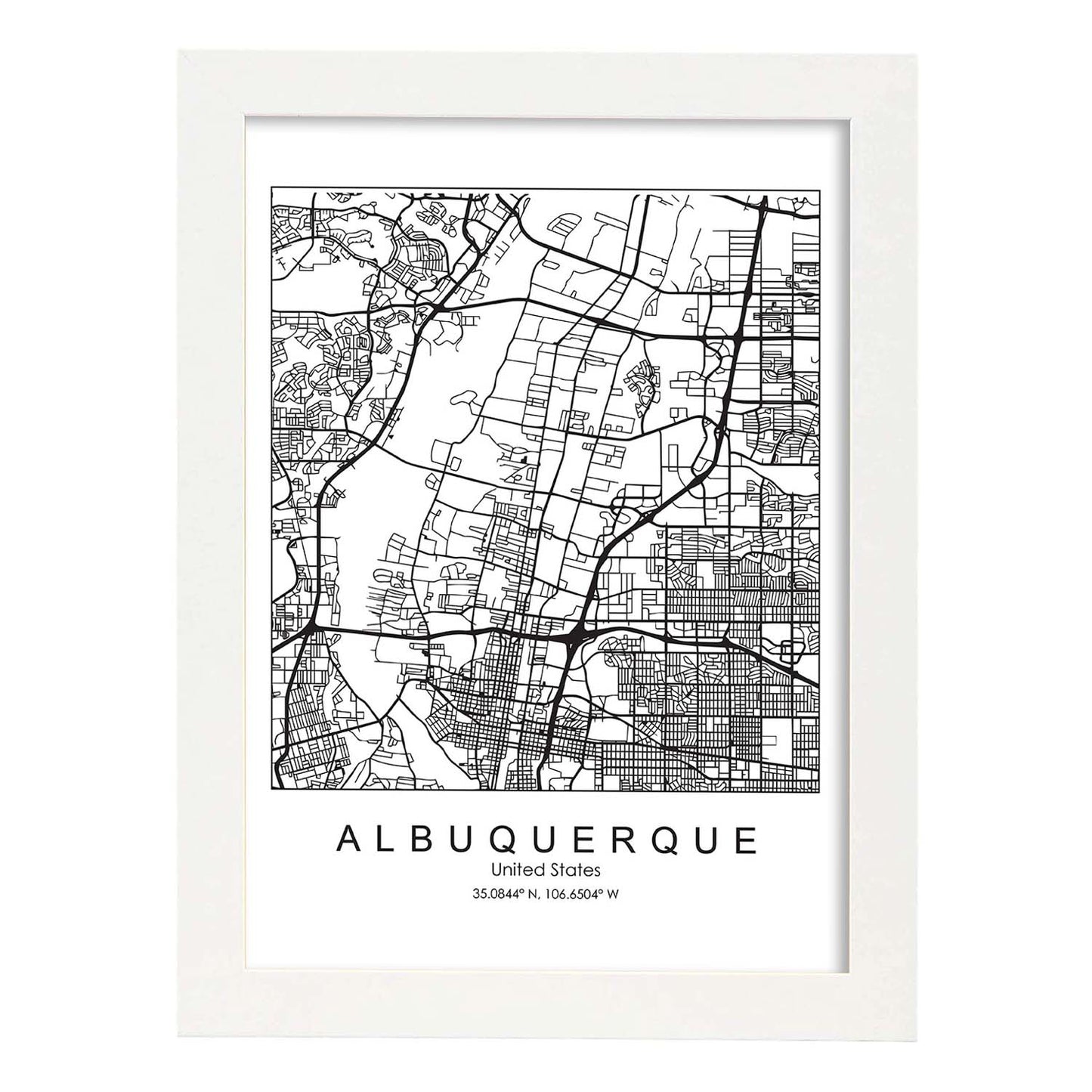 Poster con mapa de Albuquerque. Lámina de Estados Unidos, con imágenes de mapas y carreteras-Artwork-Nacnic-A3-Marco Blanco-Nacnic Estudio SL