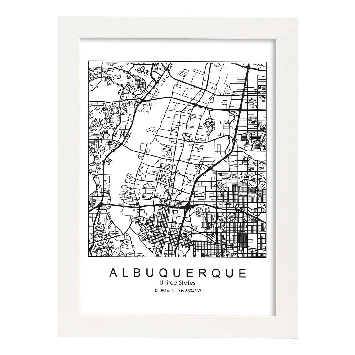 Poster con mapa de Albuquerque. Lámina de Estados Unidos, con imágenes de mapas y carreteras-Artwork-Nacnic-A4-Marco Blanco-Nacnic Estudio SL