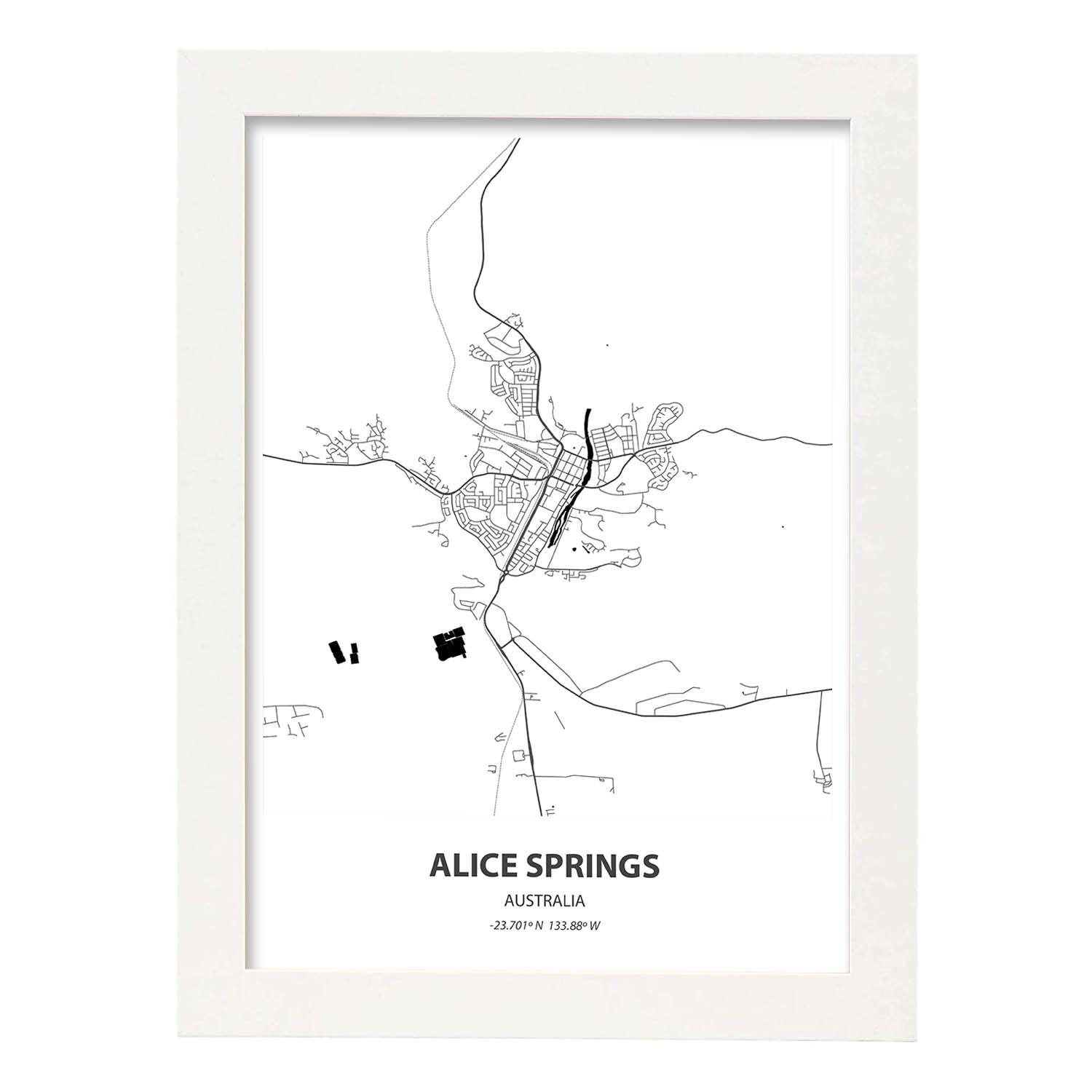Poster con mapa de Alice Springs - Australia. Láminas de ciudades de Australia con mares y ríos en color negro.-Artwork-Nacnic-A3-Marco Blanco-Nacnic Estudio SL