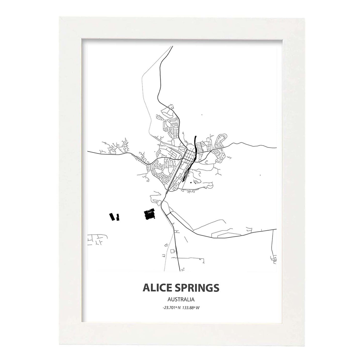 Poster con mapa de Alice Springs - Australia. Láminas de ciudades de Australia con mares y ríos en color negro.-Artwork-Nacnic-A4-Marco Blanco-Nacnic Estudio SL