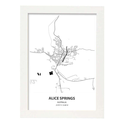 Poster con mapa de Alice Springs - Australia. Láminas de ciudades de Australia con mares y ríos en color negro.-Artwork-Nacnic-A4-Marco Blanco-Nacnic Estudio SL