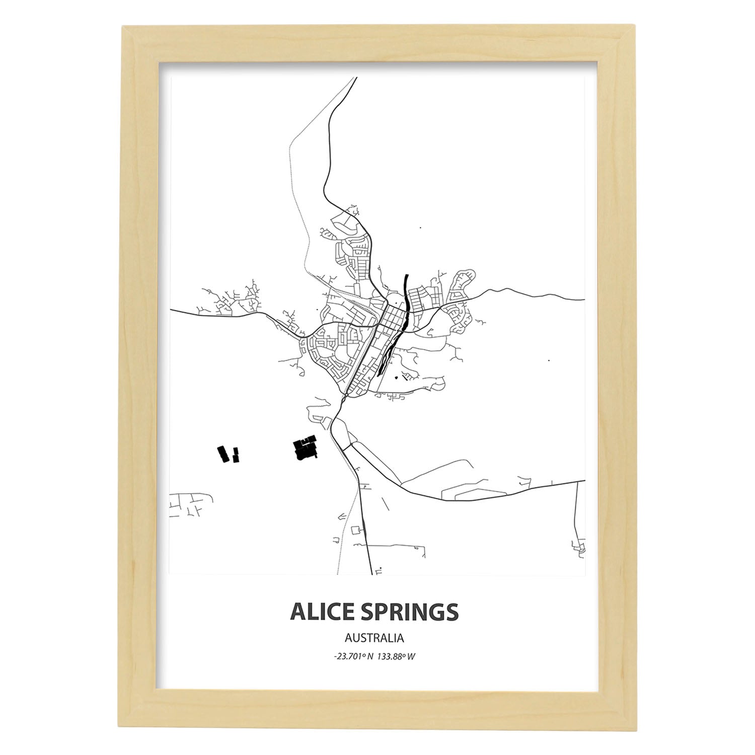 Poster con mapa de Alice Springs - Australia. Láminas de ciudades de Australia con mares y ríos en color negro.-Artwork-Nacnic-A4-Marco Madera clara-Nacnic Estudio SL