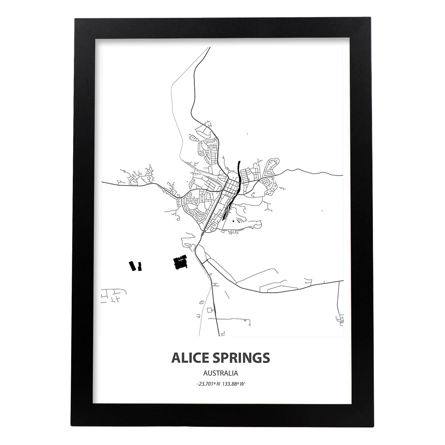 Poster con mapa de Alice Springs - Australia. Láminas de ciudades de Australia con mares y ríos en color negro.-Artwork-Nacnic-A4-Marco Negro-Nacnic Estudio SL
