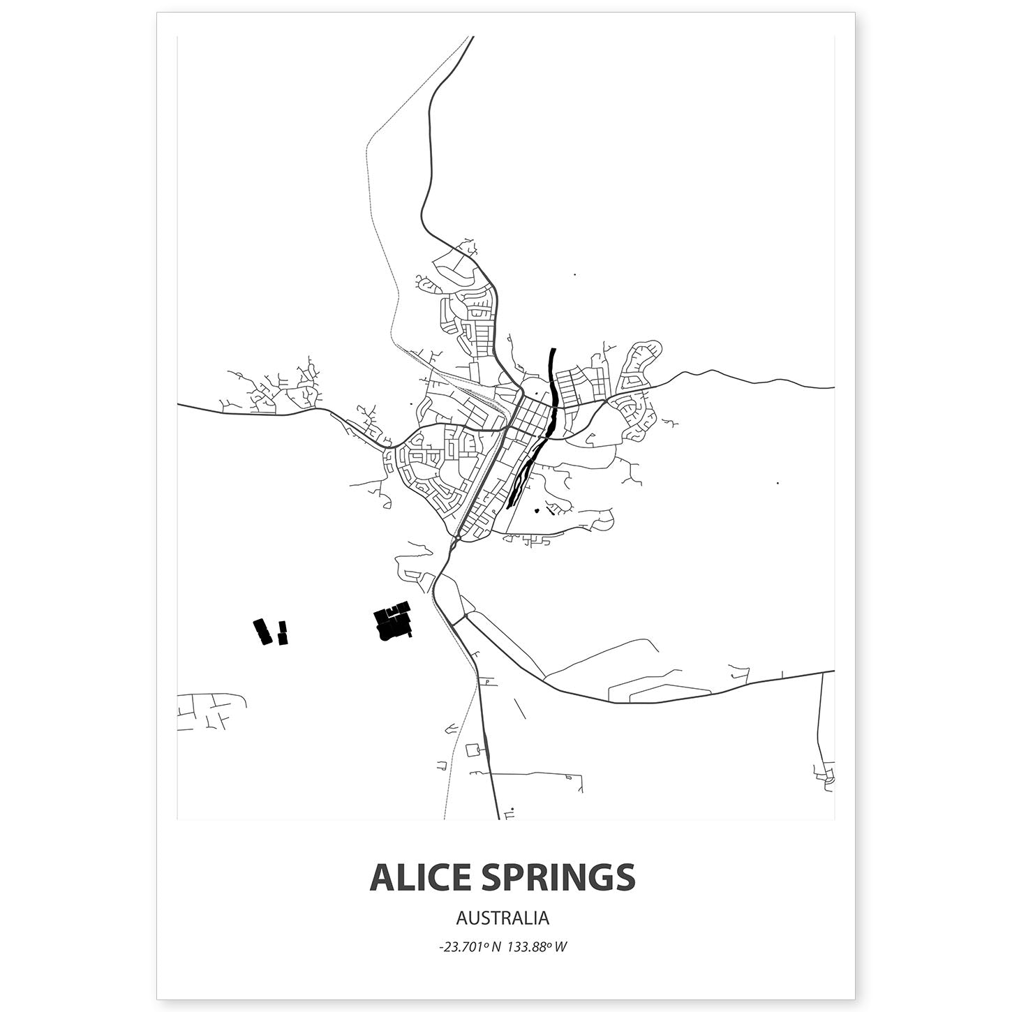 Poster con mapa de Alice Springs - Australia. Láminas de ciudades de Australia con mares y ríos en color negro.-Artwork-Nacnic-A4-Sin marco-Nacnic Estudio SL