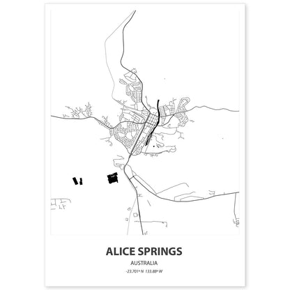 Poster con mapa de Alice Springs - Australia. Láminas de ciudades de Australia con mares y ríos en color negro.-Artwork-Nacnic-A4-Sin marco-Nacnic Estudio SL