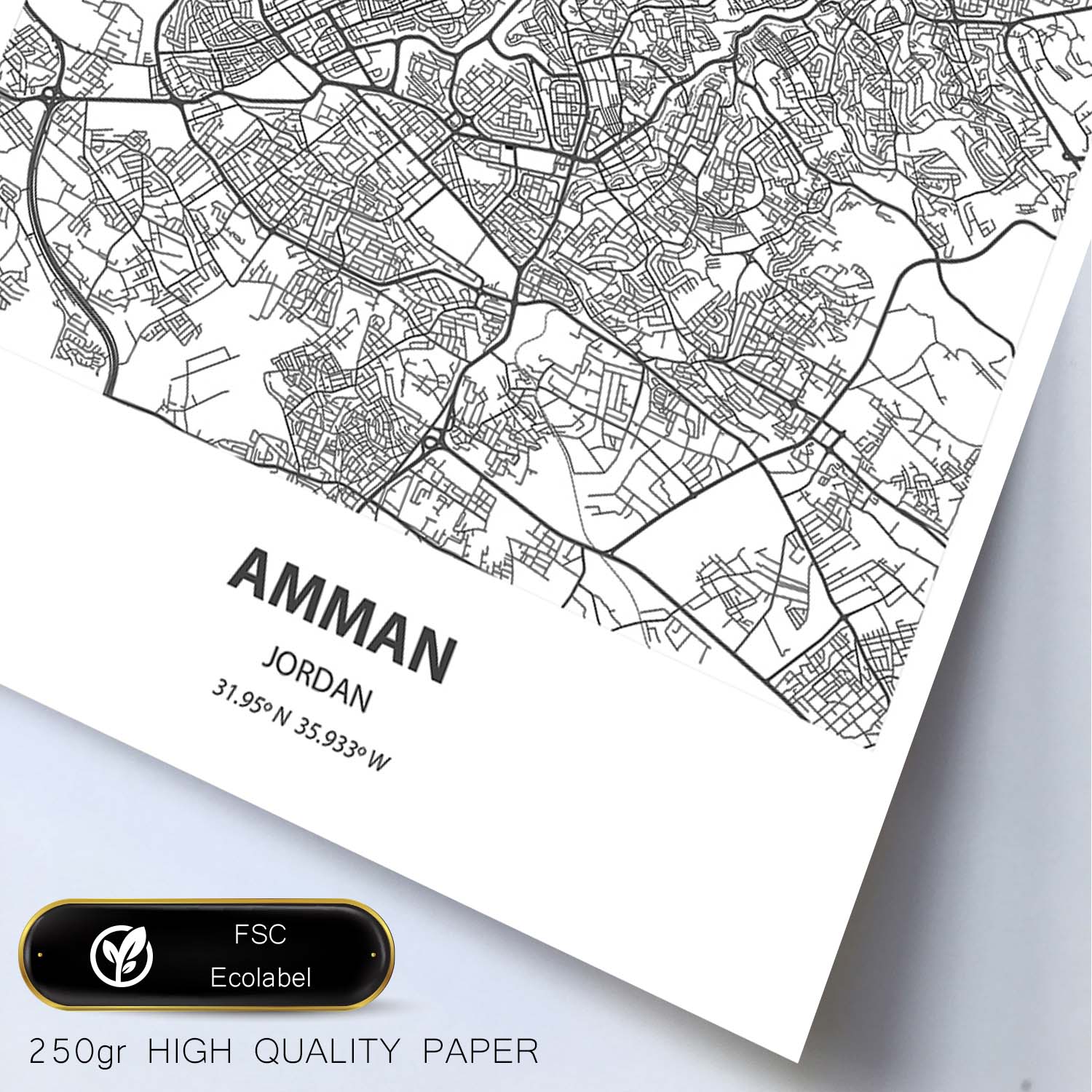 Poster con mapa de Amman - Jordania. Láminas de ciudades de Oriente Medio con mares y ríos en color negro.-Artwork-Nacnic-Nacnic Estudio SL