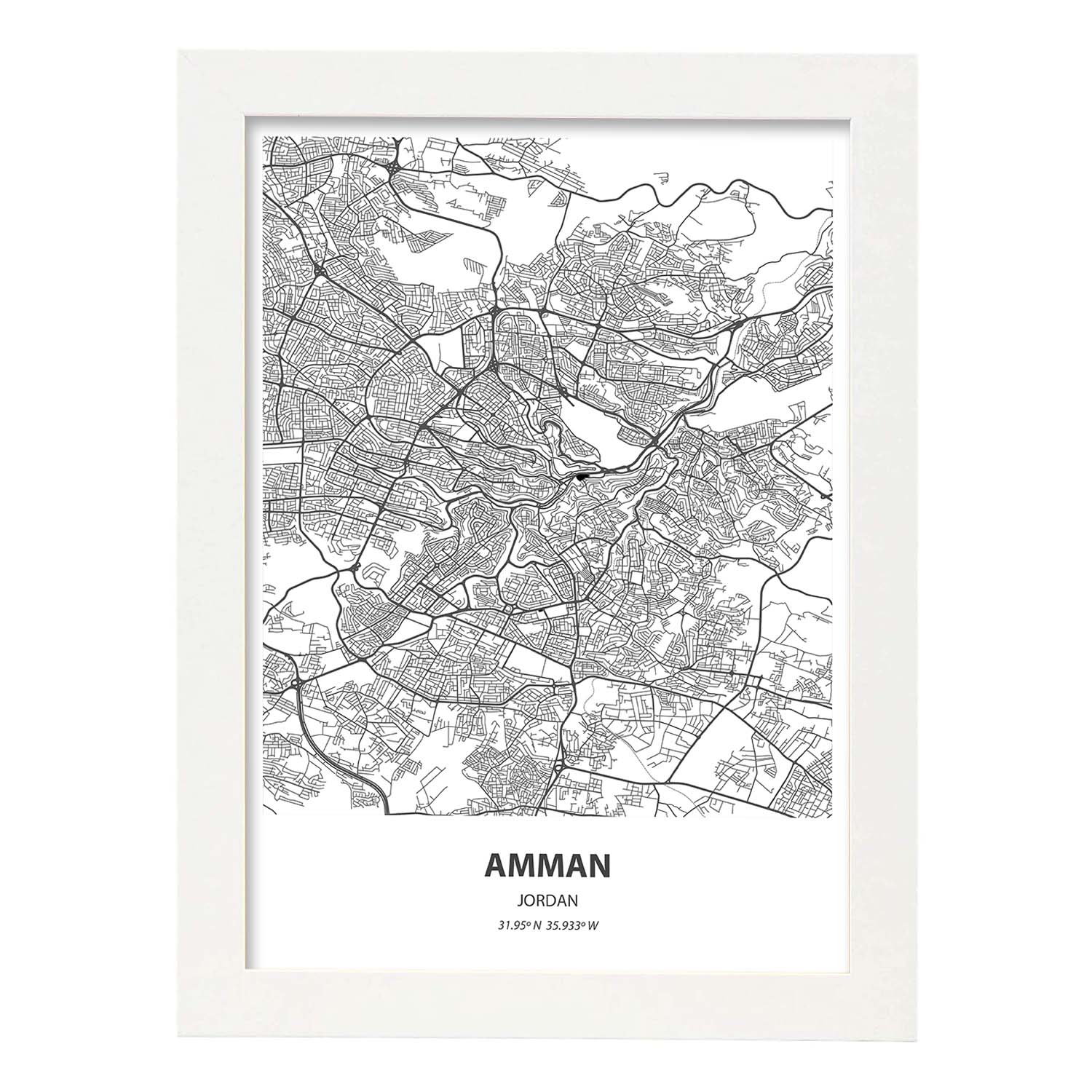 Poster con mapa de Amman - Jordania. Láminas de ciudades de Oriente Medio con mares y ríos en color negro.-Artwork-Nacnic-A3-Marco Blanco-Nacnic Estudio SL